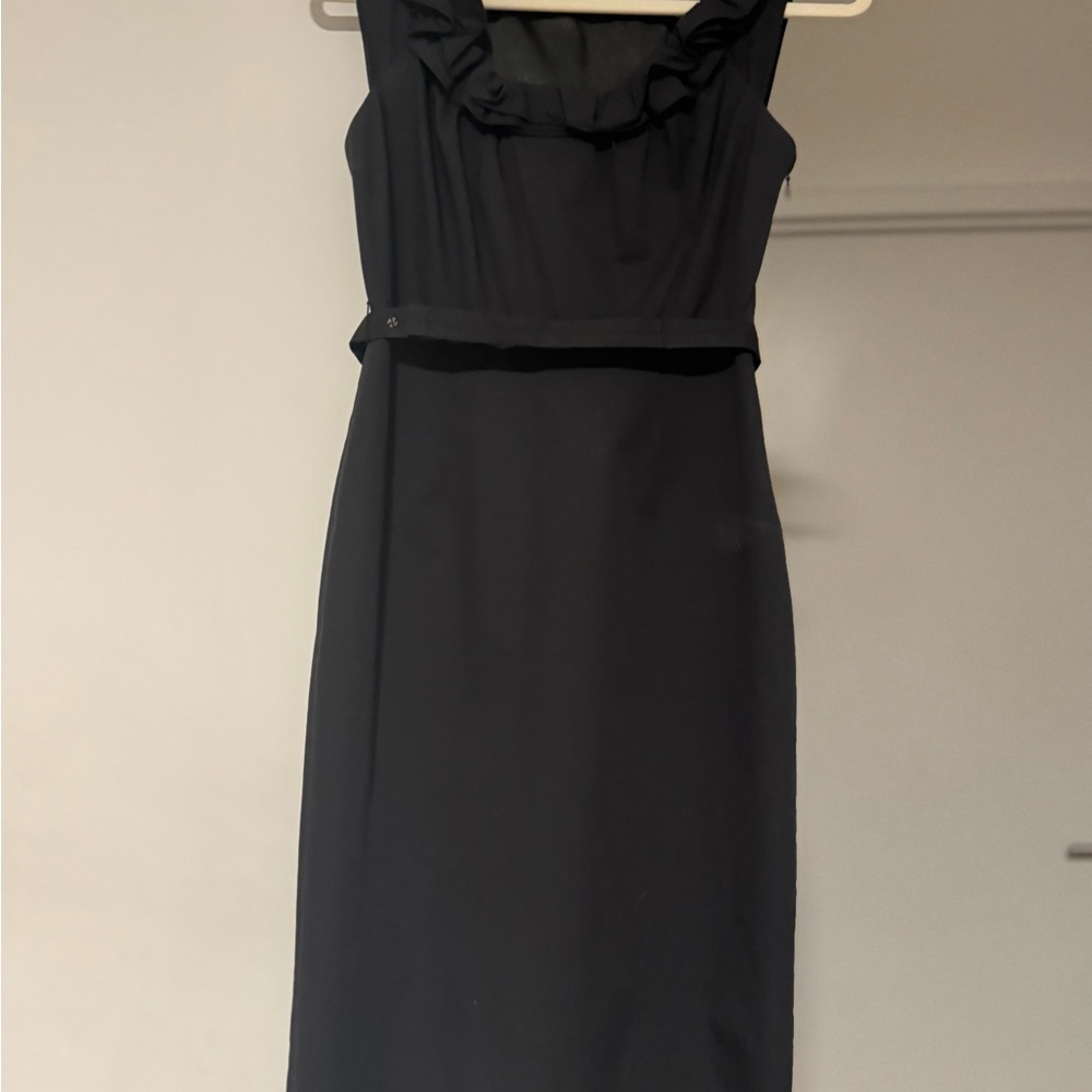 Elie Tahari Black Ruffle Neck Midi Dress
